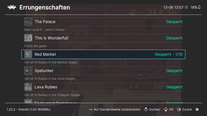 Das Open-Source-Frontend RetroArch bietet eine hervorragende Unterstützung für RetroAchievements. Bei korrekt unterstützten Spielen kann man sich jederzeit eine komplette Liste der freischaltbaren Errungenschaften anzeigen lassen.  (Bild: Nintendo / Screenshot: Medienagentur Plassma)